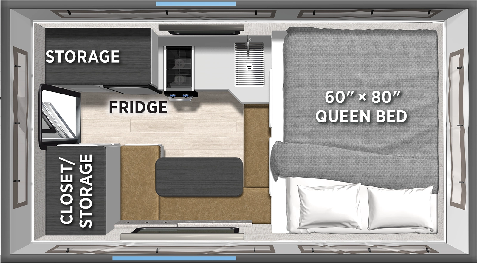 The Real Lite Truck Camper SS-1605 floorplan features include: 